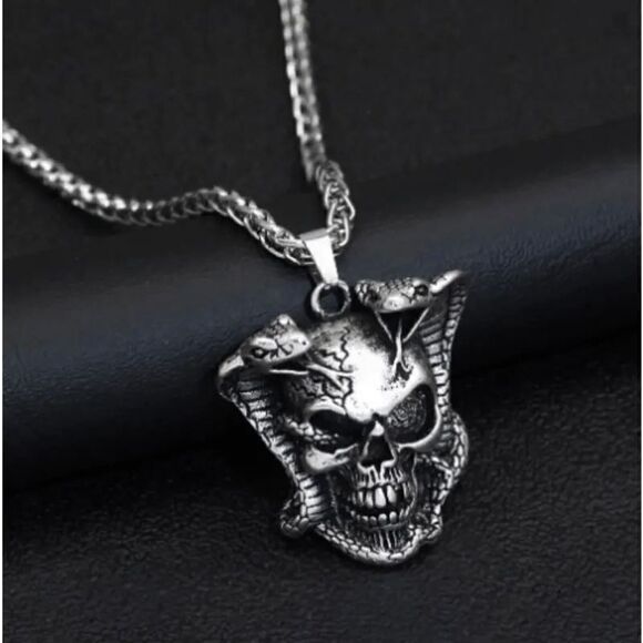 Skull Double Snake Stainless Steel Unisex Pendant Necklace - Picture 3 of 9